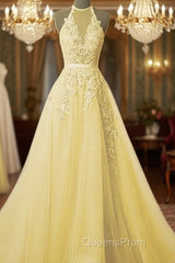 Simple Yellow Lace Evening Prom Dress With Beading