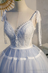 Sky Blue A Line Tulle Lace V Neck Homecoming Dress