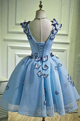 Sky Blue Homecoming Dress Butterfly Applique Short Evening Prom Dress