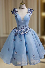 Sky Blue Homecoming Dress Butterfly Applique Short Evening Prom Dress