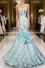 Sky Blue Mermaid Spaghetti Straps Organza Diamond Long Evening Prom Dress Lace Floral Evening Gown