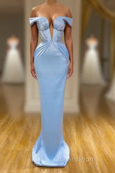 Sky Blue Mermaid V-Neck Off-The-Shoulder Evening Prom Dress