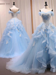 Sky Blue Tulle Ruffles Appliques A Line Evening Prom Dress