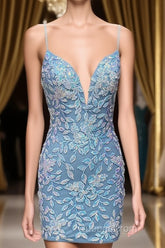 Cute Bodycon V Neck Blue Lace Homecoming Dress