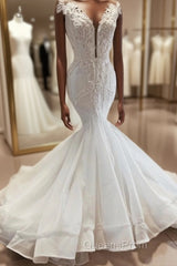 Sleeveless Beads Appliques Mermaid Wedding Dress Sheer Tulle V neck Tulle Bridal Gowns
