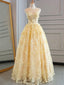 Sleeveless Pale Yellow Lace Sweetheart A-line Floor-length Classy Prom Dress