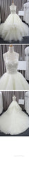 Sleeveless Scoop Yarn Neck Lace Ivory Tulle Asymmetrical Ball Gown Cathedral Train Wedding Dress,