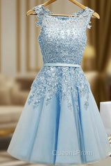 Sleeveless Tulle Homecoming Dress Short Evening Prom Dress With Lace Appliques