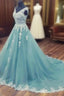 Sleeveless V Neck Chapel Train A-line/Princess Tulle Evening Prom Dress With Hem Appliqued Lace