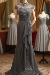 Slim Fit Column Chiffon Lace High Neck Short Sleeved And Floor Length Style Mother Of The Bride Dress