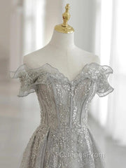 Sliver-Grey Tulle With Sequins Long Party Dress,A-Line Floor Length Evening Prom Dress