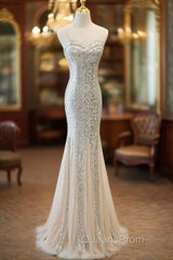 Sliver Sequins Mermaid Straps Long Evening Gown Evening Prom Dress, Long Party Dress Formal Dress