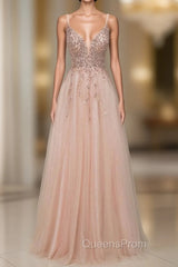 Spagehetti-Strap V-Neck Sleeveless Evening Prom Dress with Beading