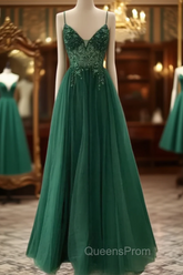 Spaghetti Strap Green A Line Long Evening Prom Dress V Neck Evening Gown Party Dress