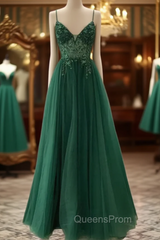 Spaghetti Strap Green A Line Long Evening Prom Dress V Neck Evening Gown Party Dress