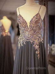 Gray Spaghetti Straps A-line Beaded Long Evening Prom Dress