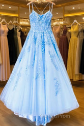 Spaghetti Straps Backless Blue Lace Evening Prom Dress, Open Back Blue Lace Formal Evening Dress