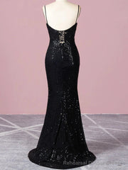 Spaghetti Straps Black Sequin Prom Dress Mermaid Skirt