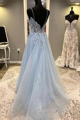 Spaghetti Straps Blue Lace Evening Prom Dress, Blue Lace Long Formal Evening Dress