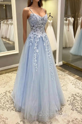 Spaghetti Straps Blue Lace Evening Prom Dress, Blue Lace Long Formal Evening Dress