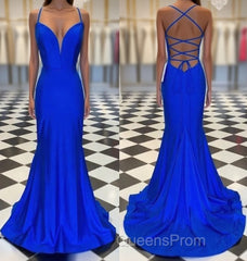 Spaghetti Straps Blue Satin Mermaid Evening Prom Dress