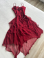 Burgundy Red Applique Spaghetti Straps Elegant And Charming A-Line Long Ruffled Chiffon Ball Gown Classy Evening Dress Party Dress