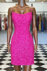 Spaghetti Straps Hot Pink Bodycon Mini Dress,Graduation Dress