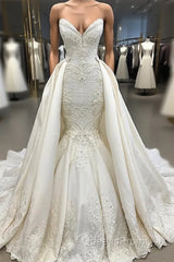 Spaghetti Straps Lace Fit and Flare Wedding Dress Overskirt Appliques Detachable Satin Backless Bridal Gowns