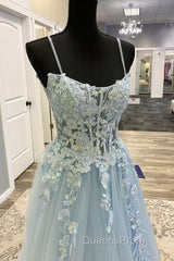 Spaghetti Straps Light Blue Lace Evening Prom Dress, Light Blue Lace Formal Evening Dress