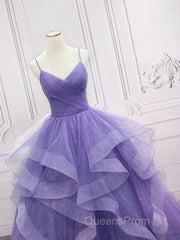 Spaghetti Straps Light Purple Long Evening Prom Dress A Line Layered Birthday Party Dress