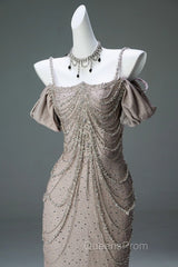 Spaghetti Straps Mermaid Beading Satin Long Evening Prom Dress Rhinestone Formal Evening Dress