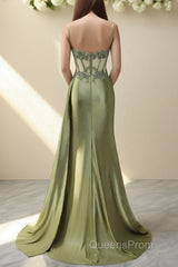 Spaghetti Straps Mermaid Evening Prom Dress Appliqued Corset Evening Prom Dress With Split