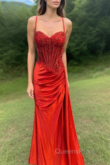 Spaghetti Straps Mermaid Evening Prom Dress Appliqued Corset Evening Prom Dress With Split