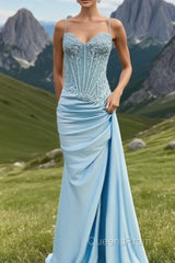 Spaghetti Straps Mermaid Evening Prom Dress Appliqued Corset Evening Prom Dress With Split