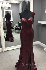 Spaghetti Straps Sweetheart Mermaid Sequins Evening Prom Dress