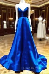 Spaghetti Straps V-Neck A-Line Royal Blue Evening Prom Dress,