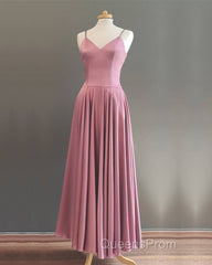 Spaghetti Straps V Neck Ankle Length Bridesmaid Dress