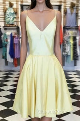 Spaghetti Straps V-Neck Satin Homecoming Dress Short Mini Cocktail Dress