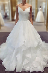 Spaghetti Straps V Neck White Wedding Dress, V Neck White Puffy Wedding Gown, Bridal Dress