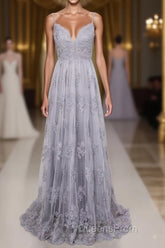 Spaghetti Straps Long Lace Evening Prom Gown, A Line V Neck Sleeveless Formal Dress