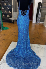 Sparkle Blue Sequin Evening Prom Dress Iridescent Mermaid Long Formal Dress Side Slit