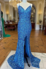 Sparkle Blue Sequin Evening Prom Dress Iridescent Mermaid Long Formal Dress Side Slit