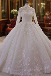 Sparkle Lace Ball Gown High Neck Tull Long Sleevess Wedding Dress