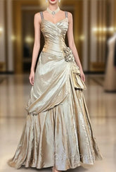 Sparkling A-Line V-Neck Satin Backless Long Evening Prom Dress Evening Dress Graduation Evening Prom Dress