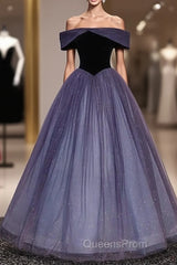 Sparkling Purple Gradient Tulle Off Shoulder A-Line Purple Evening Dress Evening Prom Dress