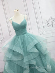 Sparkling Quinceanera Dress V Neck Tulle Long Evening Prom Dress Green Sweet Dress Floor Length