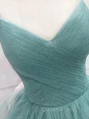 Sparkling Quinceanera Dress V Neck Tulle Long Evening Prom Dress Green Sweet Dress Floor Length