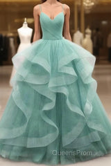 Sparkling Quinceanera Dress V Neck Tulle Long Evening Prom Dress Green Sweet Dress Floor Length
