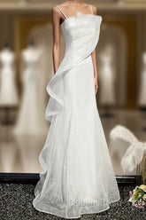 Sparkling White Sleeveless Off Shoulder Ball Dress With White Thin Shoulder Straps Backless Straps And Floor Length Ruffled Edge For Evening Dressing