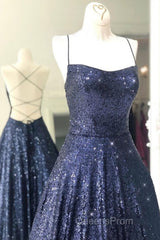 Sparkly Backless Navy Blue Long Evening Prom Dress, Open Back Long Navy Blue Formal Evening Dress